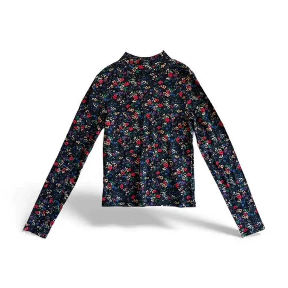 GAP Girls XL (10-12) Black Floral Turtleneck Ribbed Long Sleeve Top